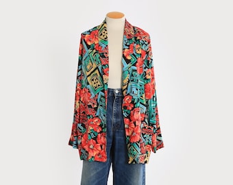 Vintage 90s oversized tropical floral geometric rayon blazer