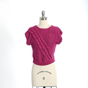 Vintage 80s hand knit bright purple linen cotton cropped sweater