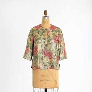Chaqueta de lúrex dorada de los años 60 / Chaqueta corta vintage de Saks Fifth Avenue con rosa dorada metalizada de los años 60