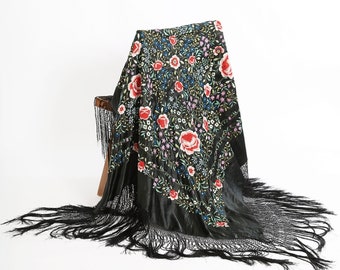 Antique Vintage 1920s silk hand embroidered floral piano shawl