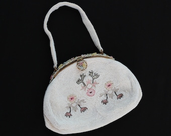Antique vintage 1930s French micro glass hand beaded floral enameled purse