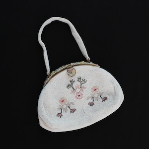 Antique vintage 1930s French micro glass hand beaded floral enameled purse