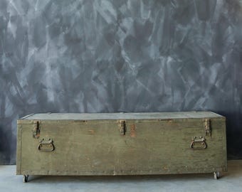 WWII Military Trunk Bench | Vintage Large US AMRY Signal Corps Military Trunk bench