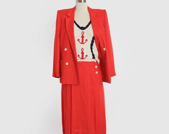 80s Red woven 2- PIECE suit | vintage 1980s Red double breasted suit dress skirt Blazer set