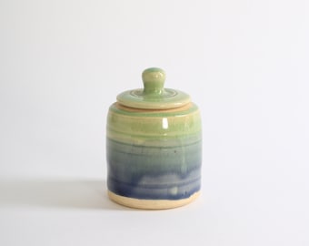 Vintage glazed ceramic stoneware green + blue ombre small lidded canister