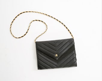 80s quilted leather crossbody  | Vintage 1980s Jay Herbert black leather gold chain purse