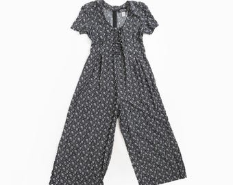 90-tals mörkblå blommig rayonjumpsuit