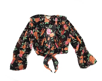 Vintage 90s sheer floral cropped tie front ruffle blouse