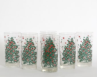 Christmas Tree tumblers | Vintage 80s Christmas glasses barware glasses set of 7