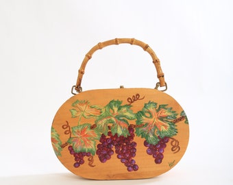 Vintage 50s hand painted grapes wood purse