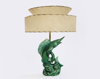 Vintage 1950s Mid Century Modern ceramic Marlin fish lamp + Fiberglass shade