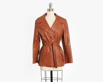 Vintage 70s brown leather belted coat jacket