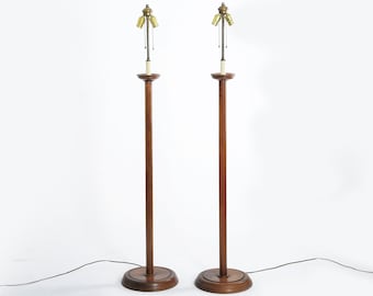Vintage walnut craftsman torch floor lamps pair with shades
