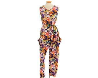 90s floral jumpsuit | Vintage 1990s rainbow floral rayon Jumpsuit harem playsuit