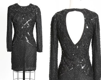 Vintage 80s sequin silk beaded mini dress