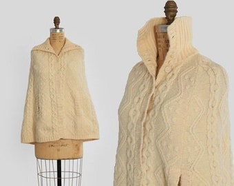 60s knit wool cape sweater | Vintage 60s hand loomed cable knit wool cape