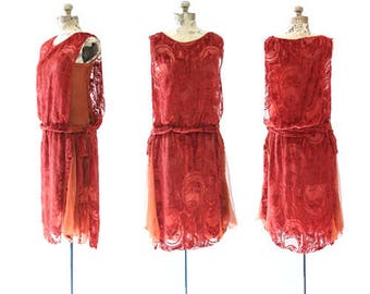 20s SILK velvet dress | Antique vintage 1920s Art deco orange velvet drop waist dress