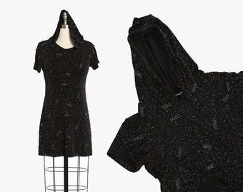 Y2K hooded mini dress | Vintage 2000 New Year Eves stretch mini dress