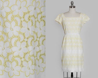 Jerry Gilden dress |  Vintage 50s white cotton yellow embroidered wiggle dress