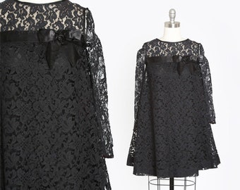60s babydoll dress | Vintage 1960s black floral lace bow babydoll mini dress