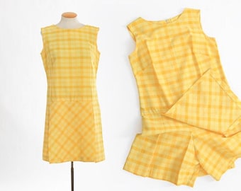 60s plaid romper | Vintage 1960s yellow plaid cotton Scooter shirt dress romper Playsuit