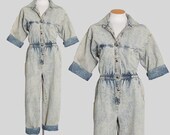 80s acid wash denim jumpsuit 1980s denim jumpsuit Cinched waist jean coveralls