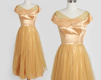 50s gold satin dress | vintage 1950s satin chiffon dress