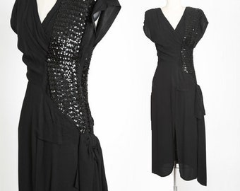 40s sequin dress | Vintage 1940s black crepe sequin bow dress