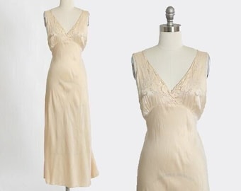 Bias cut slip dress | Vintage 40s Hand embroidered pale cream pink silk slip dress | 1940s liquid silk lingerie slip dress
