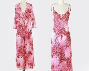 Vintage 60s pink floral nylon 2pc Peignoir slip dress robe set