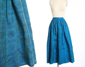 50s silk skirt | Vintage 1950s blue + green floral silk skirt