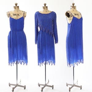 Vintage 70s blue beaded silk dress | 1970s 3pc beaded cocktail dress