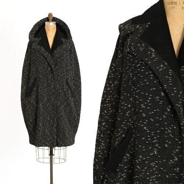 Vintage 40s English wool cape | 1940s black wool bouclé cocoon cape coat