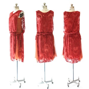 Jaren 20 SILK fluwelen jurk | Antieke vintage art-deco oranje fluwelen jurk met lage taille uit de jaren 1920