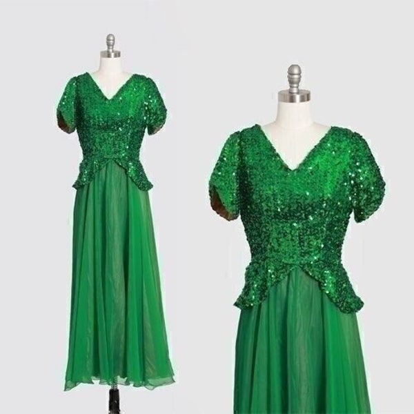 40s emerald green sequin dress | Vintage 1940s peplum sequin chiffon gown
