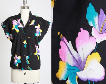 80/'s Women/'s Hawaiian Shirt Short Sleeve Blue Black Gold Turquoise Cool Print Button Down 100/% Rayon Tiny Collar Vintage by CALICHE Size S