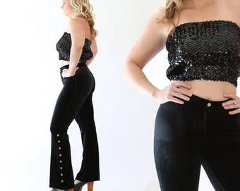 Liquid - Black Flat Sequin TNeck Sequin Crop Top Keyhole
