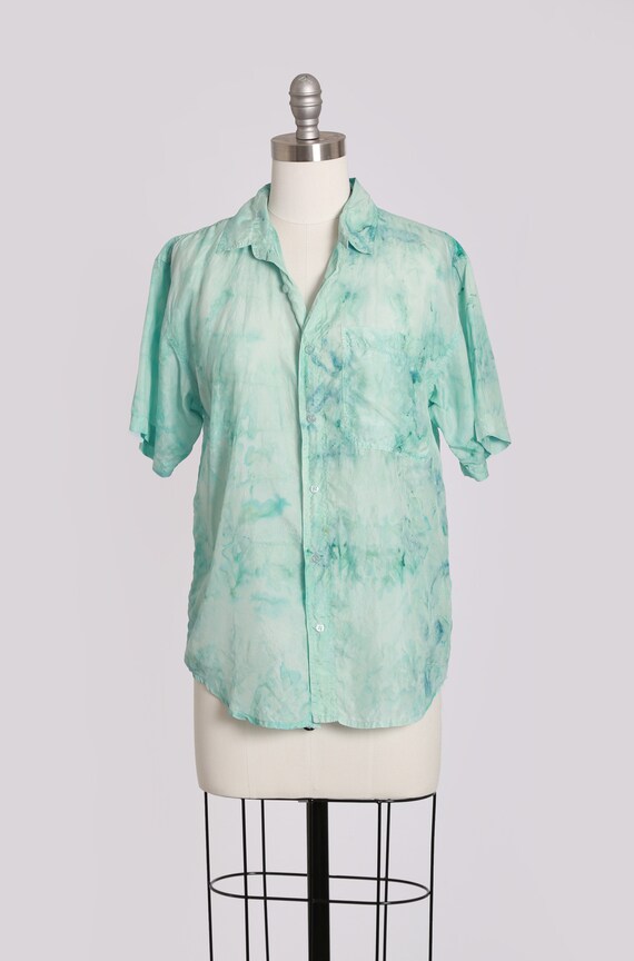 Ice dyed silk top | Vintage 80s blue silk waterco… - image 3