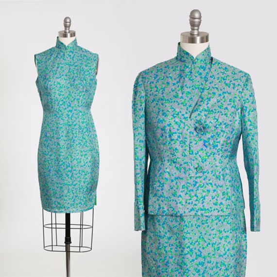 Vintage 60s abstract green blue silk cheongsam dr… - image 1