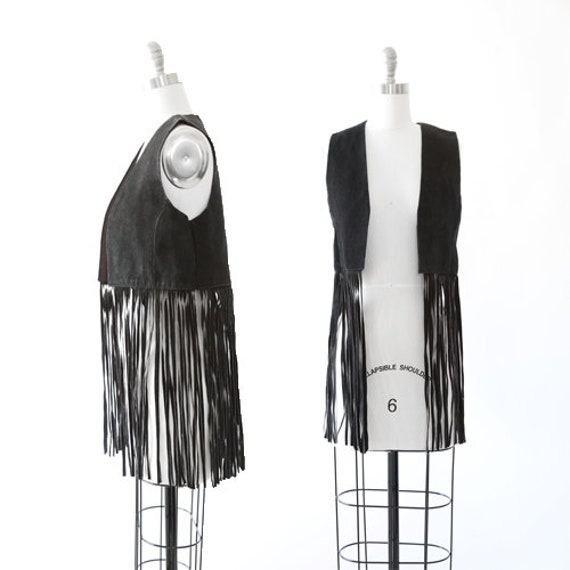 Vintage 70s black suede leather vest | Boho Fringe
