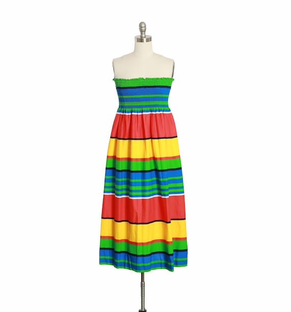 Vintage 80s rainbow striped cotton dress - image 1