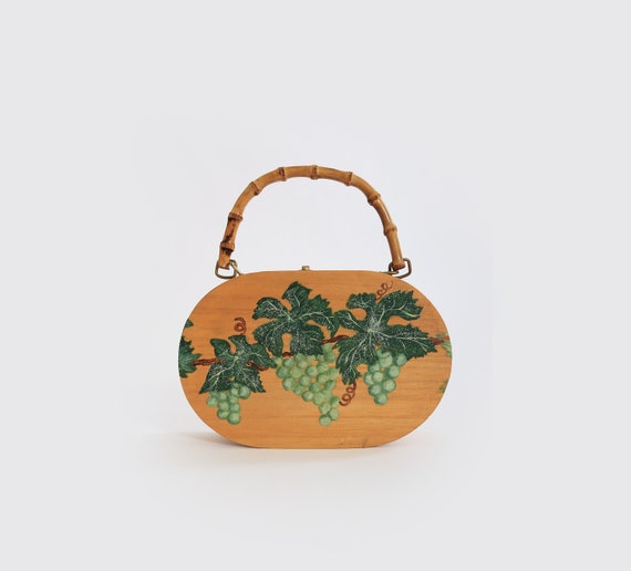 Vintage 50s hand painted grapes wood purse - image 5