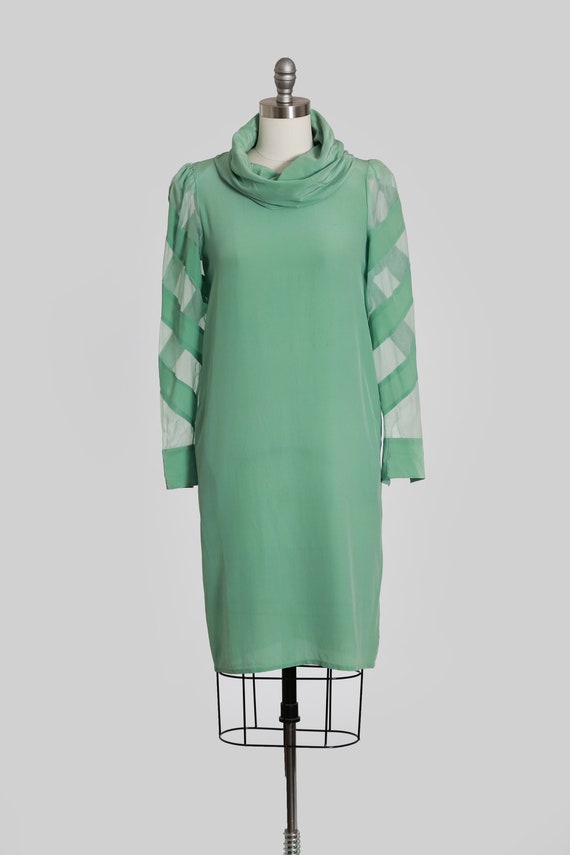 Mint silk dress | Vintage 70s Cowl neck silk dress - image 2