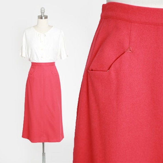 Raspberry wool skirt | Vintage 40s pink wool skirt