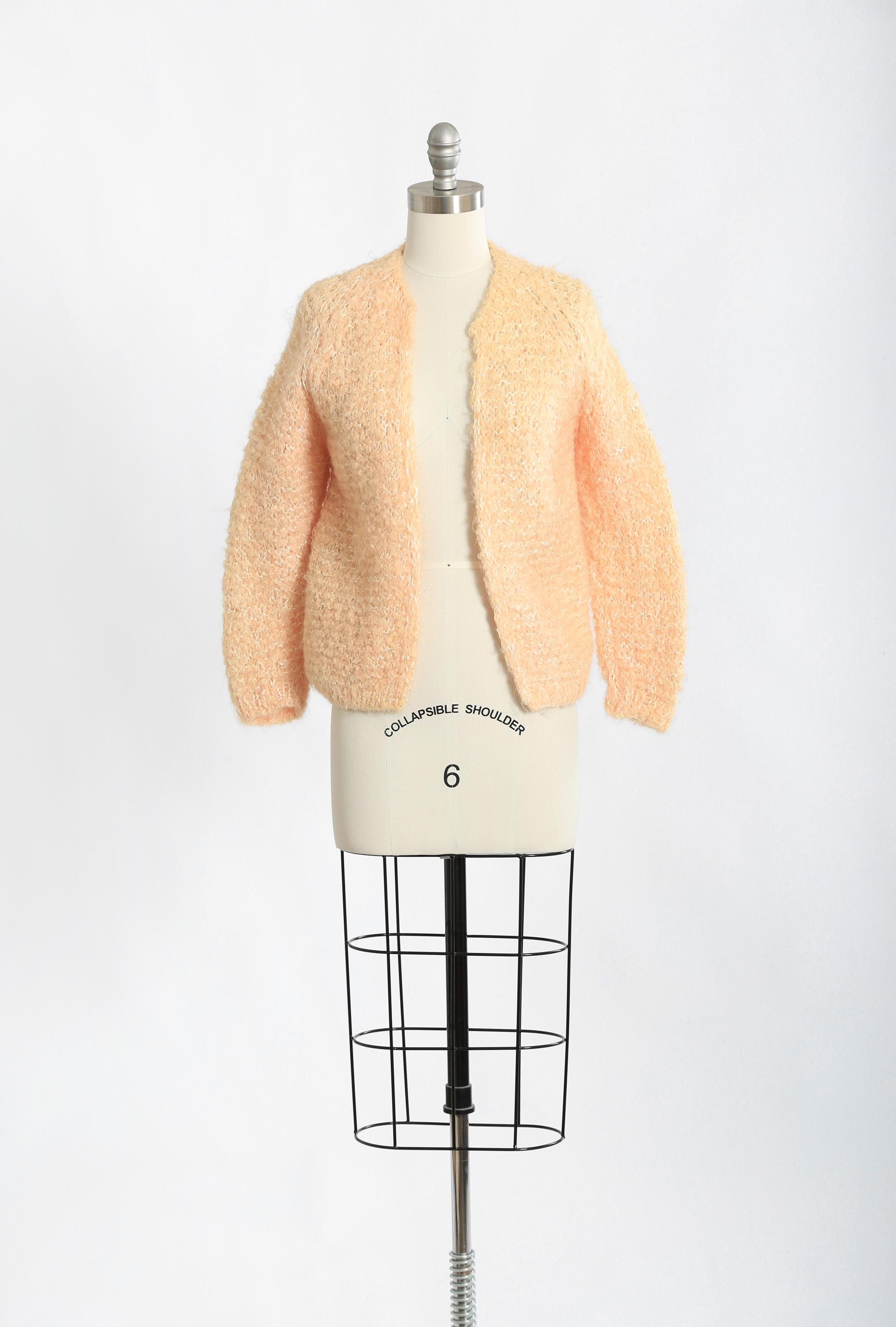 Vintage 60s Pink Hand Knit Italian Mohair Wool Sweater Cardigan