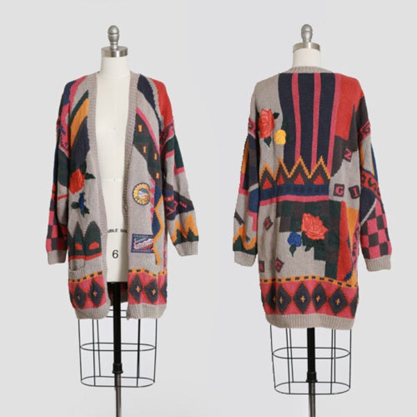 Vintage 80s abstract novelty patch knit sweater cardigan