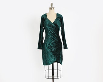 Vintage 90s green velvet faux wrap mini dress