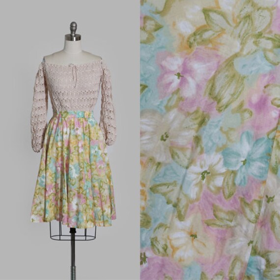 Vintage 80s pastel watercolor floral cotton skirt - image 1