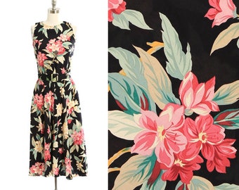 90s dark tropical floral rayon midi dress