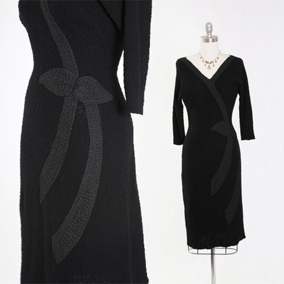 Vintage 40s black knit dress | 1940s crochet ribb… - image 1